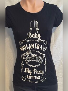 Black Graphic Cap Sleeve Tee - 'Baby You Can Crash My Party Anytime'